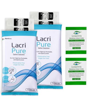 Menicon LacriPure Rinsing & Insertion Saline 14 Vials for Rigid Gas Permeable Contact Lenses - Bundle with 2X Tea Tree Oil Eyelid Eyelash Wipes 2 Pack (14 Vials)