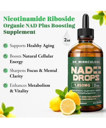 Dr. Miraculous Pure NAD+ Supplements 1850mg Liquid Drops for Women & Man | Nicotinamide Riboside Organic NAD Plus Boosting Supplement - Natural Lemon Flavor - Buy Online on GoSupps.com