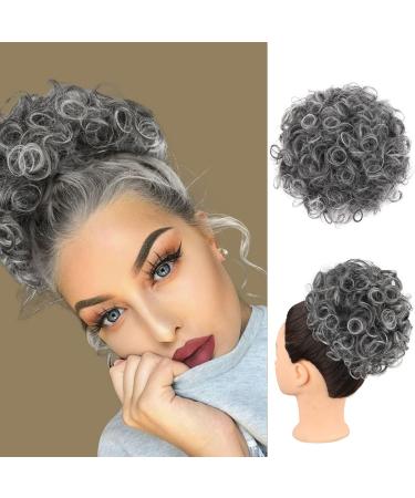 Matthia Large Curly Messy Bun Drawstring Ponytail for Black Women Clips in Hair Extension  Short Synthetic Salt and Pepper Hair Bun Extensions Curly Messy Updo Hair Piece for Women Daily Use(1B/Grey) T1B/Gray