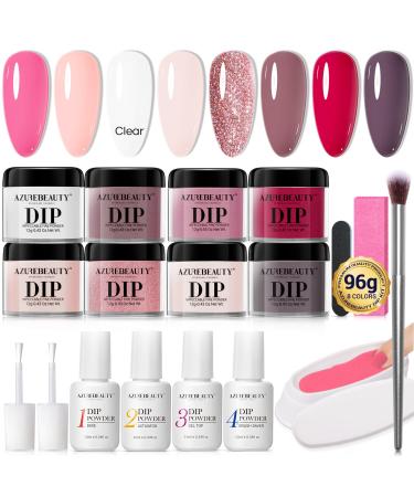 AZUREBEAUTY 18Pcs Dip Powder Nail Kit Starter, 8 Colors Clear Nude Pink Glitter All Season Acrylic Dipping Powder System Essential Professional Liquid Set with Top/Base Coat for French Nail Art Manicure DIY Salon Women 2-Nude Pink