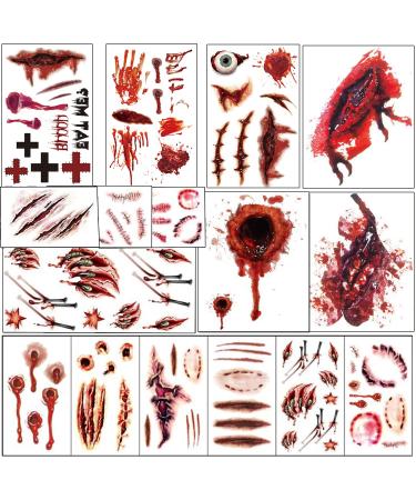 Tazimi Halloween Temporary Tattoos for Adults - Realistic Horror Wound Temporary Tattoos Masquerade Prank Fake Tattoo Stickers Halloween Face Makeup Props Body Art Tattoo