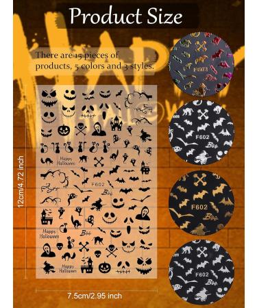 15 Sheets Halloween Nail Art Stickers | EBANKU 3D Laser Pumpkin Witch & Skeleton Decals for DIY Nail Decorations - Gold & Silver Colorful Designs - Buy Online on GoSupps.com