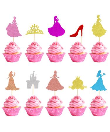 Arthsdite 30Pcs Princess Cupcake Toppers Crown Castle Girl High Heel Cake Toppers Decorations Birthday Fruits Picks for Princess Girl Baby Shower Theme Party Decoration New Princess