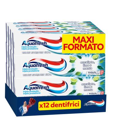 Aquafresh Aquafresh Triple Protection Toothpaste for the Whole Family Healthy Gums Strong Varnish Fresh Breath Eucalyptus Lime & Mint Taste Pack of 12 Toothpastes x 75ml