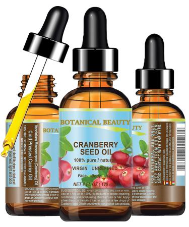 Botanical Beauty CRANBERRY SEED OIL 100% Pure Natural Unrefined Virgin Cold Pressed Carrier Oil 4 Fl Oz - 120 ml. for Face Skin Body Hair Lips Nails Anti - Aging Face Oil