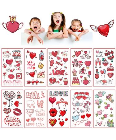 beiling Valentines Day Temporary Tattoo 10 Sheets Pink Rose Sweet Love Heart Lips Cupid Fake for Men Women Kids Waterproof Stickers Body Art Decoration Legs Arms Face Tattoos Party Favors