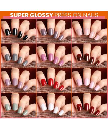 Teenitor Short Press On Nails - 12 Packs Glossy Square Fake Nails for Women with Adhesive Tabs and Nail Files - Buy Online on GoSupps.com