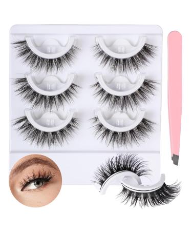 3 Pairs Self-Adhesive Eyelashes No Glue Needed False Eyelashes 3D Natural Wispy Lashes 16mm Faux Mink Lashes with Tweezers