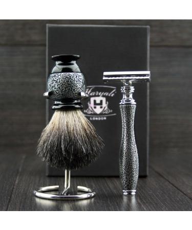 Men s Shaving Set with Balck Badger HAIR bRUSH De Safety Razor (Blades Not Included) & Brush Stand
