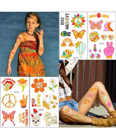 Groovy 70s Temporary Tattoos - Flower Glitter Fake Tattoo Stickers for Retro Hippie Decor - 20 Sheets - Buy Online on GoSupps.com