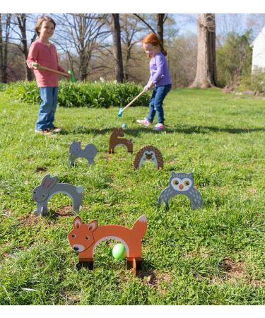 Woodland Animal Croquet Set for Kids - Outdoor Yard Games Includes 6 Wickets, 2 Mallets, 2 Balls, Instructions - Mallets Measure 24'' Long