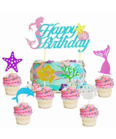 7Pcs Mermaid Happy Birthday Cake Toppers Cupcake Toppers Decorations for Girls Kids Mermaid Party Decorations Mermaid Birthday Cake Decorations for Girls Kids Baby Shower Mermaid Theme Party Supplies