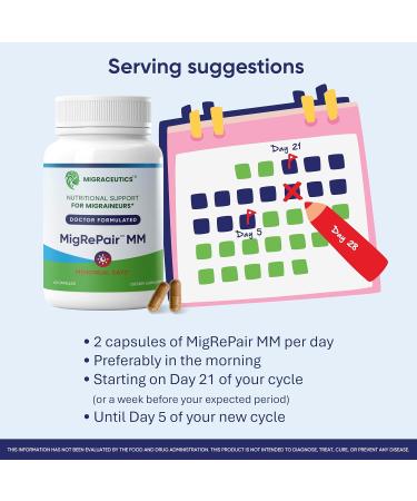 MigRePair MM Bottle of 60 - Doctor Formulated Natural Herbal Migraine Supplement for Women Menstrual Migraine Relief Hormonal Migraine Support with Feverfew White Willow Bark Pine Bark & Grape Seed Migrepair MM - 60 - Buy Online on GoSupps.com