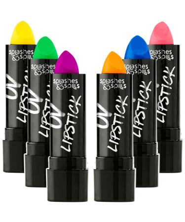 UV Glow Blacklight Lipstick - 6 Color Variety Pack 3.7g - Day or Night Stage Clubbing or Costume Makeup by Splashes & Spills