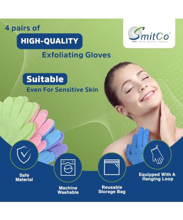 Exfoliating Gloves 4 Pair Pack for Men and Women | Spa-Quality Bath Mitts for Dead Skin Removal | Textured Body Scrub Gloves in Pink, Green, Blue & Purple - Buy Online on GoSupps.com