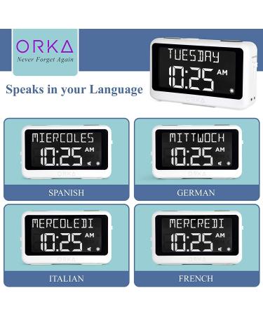 ORKA Talking Clock for Elderly Seniors | Medication Pill Reminder Recordable Alarm- Customize Multiple Alarms | Digital Day Clock 8 Display for Dementia & Impaired - Buy Online on GoSupps.com