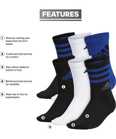 adidas Boys' Youth Cushioned Crew Socks 6-Pack - Team Royal Blue/White/Black - Medium - Buy Online on GoSupps.com