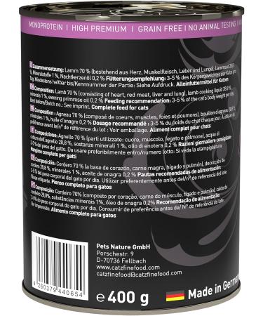 Catz Finefood Purrr Lamb Monoprotein Cat Food - 70% Meat Wet Food 6 x 400g Cans for Nutritional Cats - Buy Online on GoSupps.com