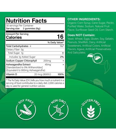 High Potency Chlorophyll Gummies 200mg with Ashwagandha & Vitamin D - Natural Energy + Immune Support | Digestive Health, Internal Deodorant, Anti-Inflammatory | 2Pc/120ct - Buy Online on GoSupps.com