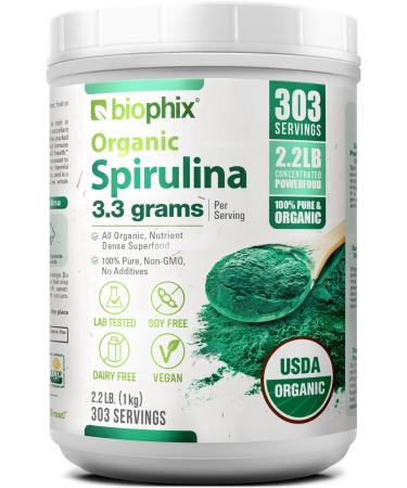 biophix Organic Spirulina Powder 2.2 Lbs 100% Pure Spirulina Blue Green Algae Powder Vegan Non GMO Non-Irradiated USDA Certified Best Protein Superfood