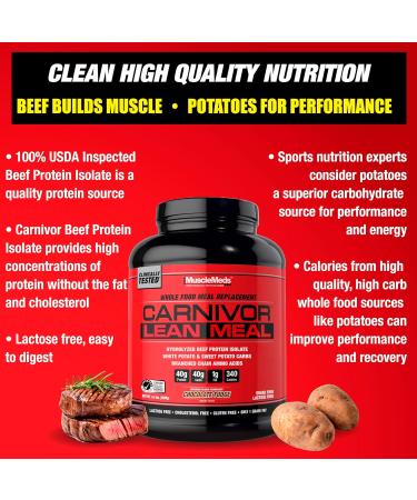 MuscleMeds CARNIVOR Lean Meal Whole Food Meal Replacement Shake MRE Beef Protein Isolate White Potato Sweet Potato 40g Protein 40 g Carbs Lactose Free Sugar Free Chocolate Fudge 20 Servings Chocolate Fudge 4.34 Pou  - Buy Online on GoSupps.com
