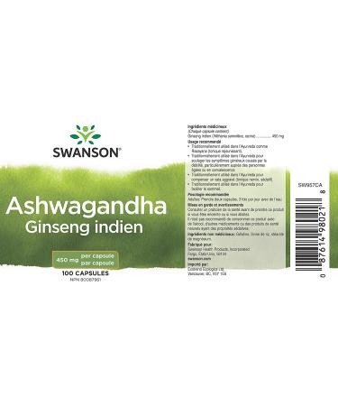 Swanson Ashwagandha Powder Supplement - Stress Relief & Energy Support - 100 Capsules, 450mg - Ayurvedic Wellness - Buy Online on GoSupps.com