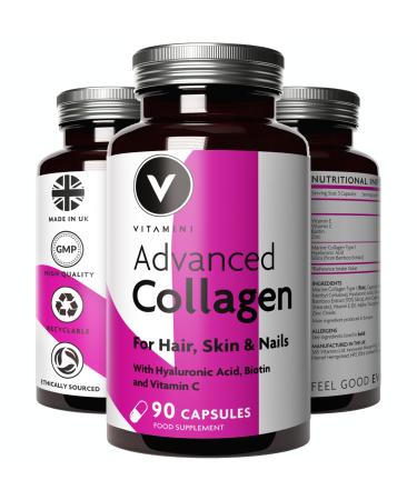 Premium Collagen Supplements for Women - High Strength Marine Collagen with Hyaluronic Acid Biotin Vitamin C & E - Supports Radiant Skin Hair & Nails Joint Health - UK Made - 90 Capsules Pot