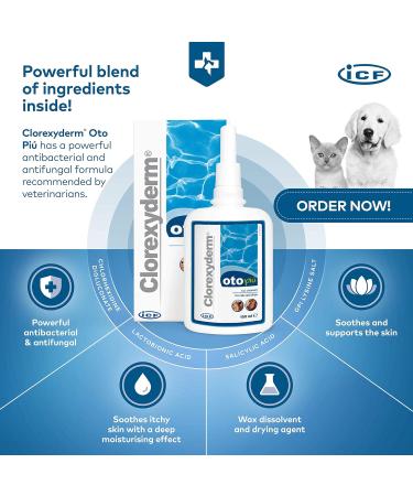 ICF Clorexyderm OTO Pi Ear Cleaner for Dogs & Cats: Prevents Dirt & Wax Build-up - Ear Drops Solution to Soothe Itchy Ears - 150 ml - Buy Online on GoSupps.com