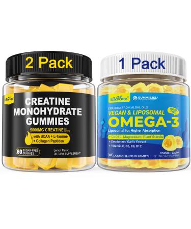 2 Pack Creatine Monohydrate Gummies + 1 Pack Vegan Algae Omega-3 1000mg Gummies