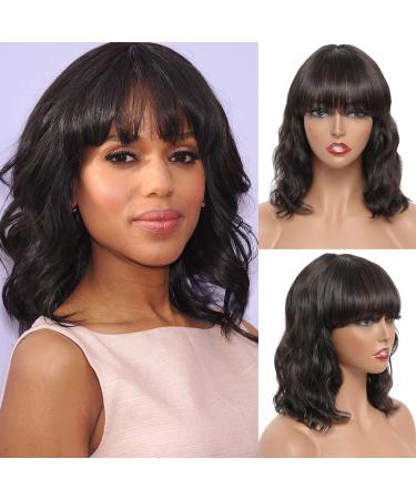 MISNEY Wavy Bob Wigs with Bangs Human Hair 12 Inch Short Wavy Human Hair Wigs with Bangs 130% Density Machine Made Human Hair Bob Wigs for Black Women None Lace Front Wigs Natural Color 12 Inch (Pack of 1) Wavy Bob