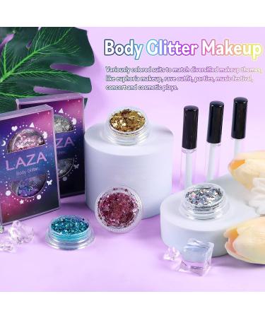 Laza Body Glitter Set - Iridescent Chunky Sequins with Glitter Glue for Women, Festival & Party Makeup, Hair & Outfit Accessories - Pink - Buy Online on GoSupps.com
