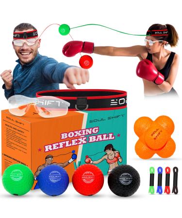 Soul Shift - 4 X Boxing Reflex Balls and Reaction Ball and Safety Glasses - Hand Eye Coordination, Boxing Reflex Ball Headband, Boxing MMA Training Equipment, Punching Ball
