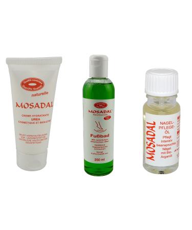 Mosadal foot bath 250ml foot welding preventive & cream hydrate urea 100ml - tested corneal remover for foot care with nail care oil 10ml - maintains intensive stressed nails with organic argan oil