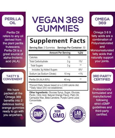 Omega 3 6 9 Vegan Gummies - Triple Strength Heart & Brain Support Supplement - Non-GMO Orange Flavor - 60 Count - Buy Online on GoSupps.com
