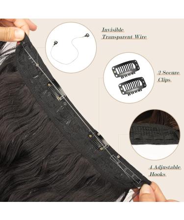 FESHFEN Invisible Wire Hair Extensions 20 Inch Natural Black - Long Wavy Synthetic Hair Piece with Adjustable Transparent Wire and Clips for Women - Buy Online on GoSupps.com
