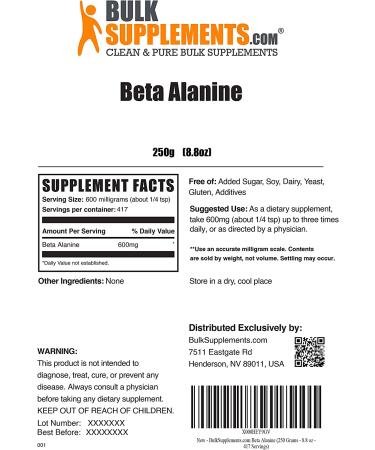 Buy BulkSupplements Beta Alanine 250g - Pure Muscle Endurance Booster - Buy Online on GoSupps.com