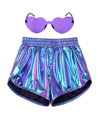 Perfashion Girls Metallic Shorts Shiny Hot Short Sparkly Party Pants &Sunglasses 8-9 Years Magic Color-purple/Cyan