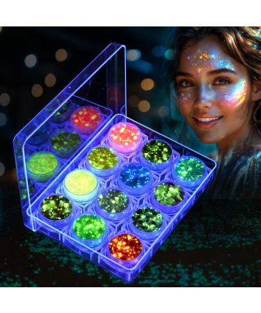 AOOWU Luminous glitter gel 12 brilliant colors for face body gel with glitter for face and body sticker luminous effect Carnival Glitter with box for party makeup (A)
