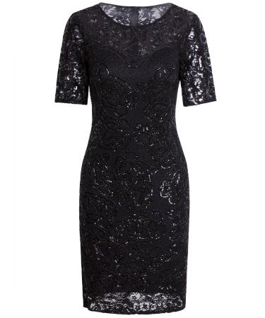 VIJIV Women's Vintage 1920s Gatsby Sequin Beaded Lace Cocktail Dress with Sleeves L / UK14-16 / EU42-44 Black