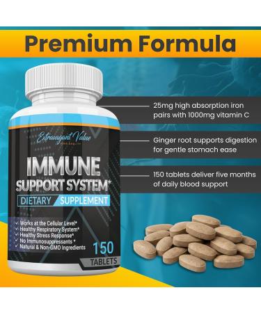 Extravagant Value Iron Supplement 25mg with Vitamin C 1000mg Gentle Iron Tablets with Ginger Root for Immune, Energy & Blood Support, High Absorption, Non-GMO, 150 Tablets - Buy Online on GoSupps.com