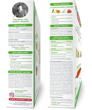 SUPERDIET - ORGANIC FAT BURNER QUARTET - Slimming -Green tea Papaya Oat bran Guarana -French manufacture - 20 ampoules of 15 ml - Buy Online on GoSupps.com