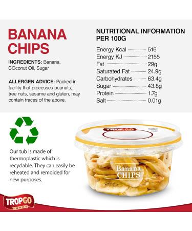 Tropgo Banana Chips 110g - Dried Fruit in Resealable and Recyclable Tub - Quick Energy Boost & Wholesome Trail Mix - Ready-to-Eat Dehydrated Fruit Snacks for Kids and Adults - Buy Online on GoSupps.com