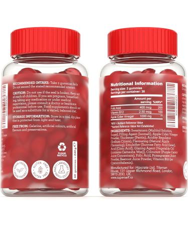 Apple Cider Vinegar Gummies 1000mg - High Strength Enhanced with Vitamin B12 Folic Acid & Natural Juices - 500mg per Apple Cider Vinegar Gummy - 60 Vegan ACV Gummies That Work Fast - Buy Online on GoSupps.com
