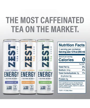 Zest Plant Powered Natural Energy Drink Variety Pack - 150mg Caffeine + 100mg L-Theanine - 12oz Can, 12 Pack - Low Sugar, 60 Calories - Healthy Coffee Substitute - Non GMO Assorted Flavors - Buy Online on GoSupps.com