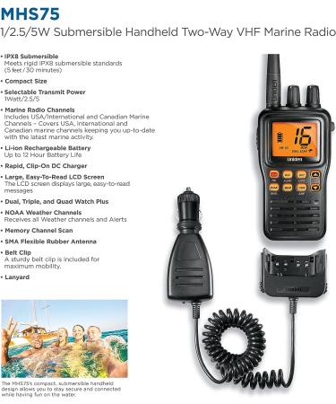 Uniden MHS75 Waterproof 2-Way VHF Marine Radio - Submersible, 1/2.5/5 Watt Power, USA/International & Canadian Channels - Black - Buy Online on GoSupps.com