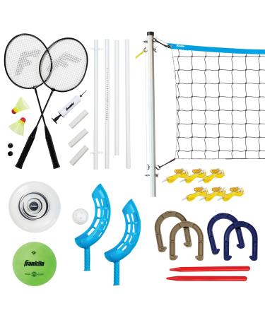 Franklin Sports Fun 5 Combo Outdoor Game Set - Backyard, Beach + Camping Games for Kids - Badminton, Volleyball, Flip Toss, Flying Disc - Horseshoes or Ring Toss Combo Set with Horseshoes