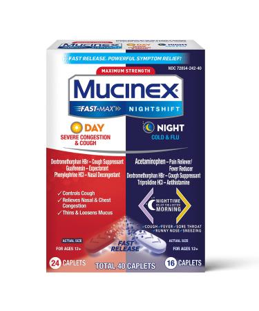 Maximum Strength Mucinex Fast-Max Day Severe Congestion & Cough & Nightshift Night Cold & Flu Fast Release Powerful Multi-Symptom Relief 40 caplets (24 Day time + 16 Night time)