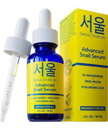 SeoulCeuticals Korean 5% Niacinamide + Snail Mucin 97.5% Essence Serum + Hyaluronic Acid Cruelty Free Korean Skin Care Natural & Organic Anti Aging Face Serum for Dull Skin K Beauty 1oz