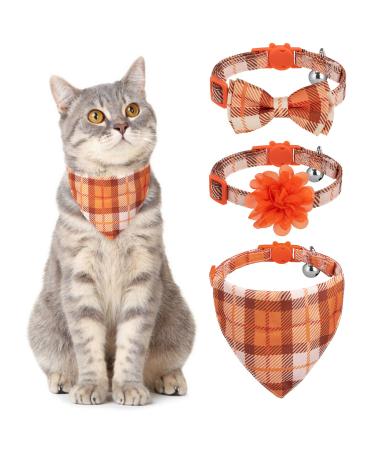VKPETFR Breakaway Cat Collar with Bow Tie and Bell, Cute Flower & Bandana, 3 Pack Safety Buckle Kitten Collars, Adjustable Pet Collar for Girl Boy Cats Puppy Orange