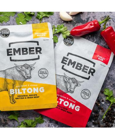 Buy Ember Snacks Biltong Beef Jerky - 25g x 10 Pack | Low-Calorie Low-Fat Snack | Made from British & Irish Beef | International Shipping Available - Buy Online on GoSupps.com